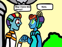 Size: 1920x1440 | Tagged: dead source, safe, rainbow dash, human, g4, 1000 hours in ms paint, alternate eye color, alternate hairstyle, ballroom, cinderella, clothes, deviantart watermark, dress, female, gown, holding hands, humanized, male, obtrusive watermark, rainbow blitz, rule 63, self paradox, selfcest, ship:dashblitz, ship:dashdash, shipping, smiling, speech bubble, straight, suit, watermark