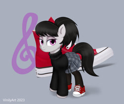 Size: 1280x1076 | Tagged: safe, artist:vinilyart, octavia melody, earth pony, pony, g4, 2023, alternate hairstyle, clothes, converse, cutie mark background, eyeshadow, female, hoof shoes, makeup, mare, plaid, plaid skirt, shoes, signature, skirt, sneakers, solo, sweater