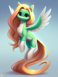 Size: 1500x2000 | Tagged: safe, artist:luminousdazzle, oc, oc only, oc:lumina, pegasus, pony, alternate design, chest fluff, countershading, cute, female, fluffy, flying, freckles, full body, fur, green eyes, long mane, long tail, looking at you, mare, pale belly, pegasus oc, semi-realistic, simple background, smiling, tail, white belly, wings