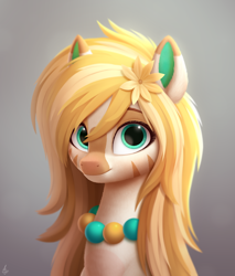 Size: 1700x2000 | Tagged: safe, artist:luminousdazzle, oc, oc only, zebra, bust, colored eartips, colored pinnae, cute, facial markings, female, flower, flower in hair, gradient background, jewelry, long mane, looking at you, mare, necklace, ocbetes, portrait, semi-realistic, smiling, solo, stripes, two toned mane, zebra oc