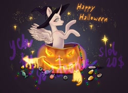 Size: 2274x1668 | Tagged: safe, artist:soudooku, oc, oc only, alicorn, cat, earth pony, pegasus, pony, unicorn, candy, commission, food, halloween, happy, happy halloween, hat, holiday, jack-o-lantern, looking at you, pumpkin, slots, smiling, smiling at you, solo, stars, sweets, witch, witch hat, your character here