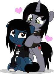 Size: 3616x5000 | Tagged: safe, artist:jhayarr23, earth pony, pony, undead, unicorn, zombie, zombie pony, bipedal, bipedal leaning, biting, bone, bring me the horizon, closed mouth, clothes, commission, disguise, disguised siren, duo, duo male, ear bite, fangs, gay, happy, heart, horn, kellin quinn, leaning, long sleeves, looking at each other, looking at someone, male, oliver sykes, ponified, pony on pony action, scar, shipping, shirt, simple background, sitting, sleeping with sirens, slit pupils, smiling, stallion, stallion on stallion, stitches, t-shirt, tattoo, transparent background, underhoof, ych result