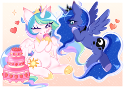 Size: 3438x2424 | Tagged: safe, artist:arwencuack, princess celestia, princess luna, alicorn, pony, g4, adorable face, cake, cakelestia, commission, crown, cute, cutelestia, duo, duo female, eating, ethereal mane, female, flying, food, glowing, glowing horn, heart, heart eyes, herbivore, high res, hoof shoes, horn, jewelry, lunabetes, mare, passepartout, pastel, regalia, royal sisters, sibling love, siblings, sisterly love, sisters, starry mane, starry tail, tail, underhoof, wingding eyes