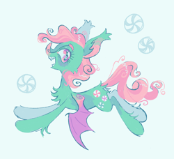 Size: 1274x1164 | Tagged: safe, artist:webkinzworldz, minty, bat pony, pony, g3, bat ears, bat nose, bat ponified, blush lines, blushing, butt fluff, candy, chest fluff, colored wings, ear tufts, female, flying, food, green background, leg fluff, light green background, mare, open mouth, pink eyes, race swap, sharp teeth, simple background, smiling, solo, teeth, wings, wings down