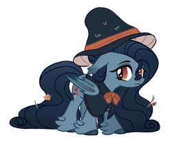 Size: 1200x1004 | Tagged: safe, artist:octoberumn, oc, oc only, oc:gloomy autumn, bat pony, pony, g4, bat wings, bow, cloak, clothes, ear tufts, female, hat, hoof polish, leaves, long hair, long mane, mare, mushroom, mushroom hat, redesign, simple background, solo, transparent background, twig, unshorn fetlocks, wings, witch, witch hat