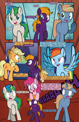 Size: 1920x2948 | Tagged: safe, artist:alexdti, applejack, pinkie pie, rainbow dash, oc, oc:brainstorm (alexdti), oc:purple creativity, oc:star logic, pony, comic:quest for friendship retold, g4