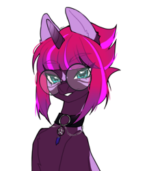 Size: 2120x2436 | Tagged: safe, artist:ruru_01, oc, oc only, pony, unicorn, bust, choker, commission, glasses, high res, looking at you, portrait, simple background, smiling, smiling at you, solo, white background