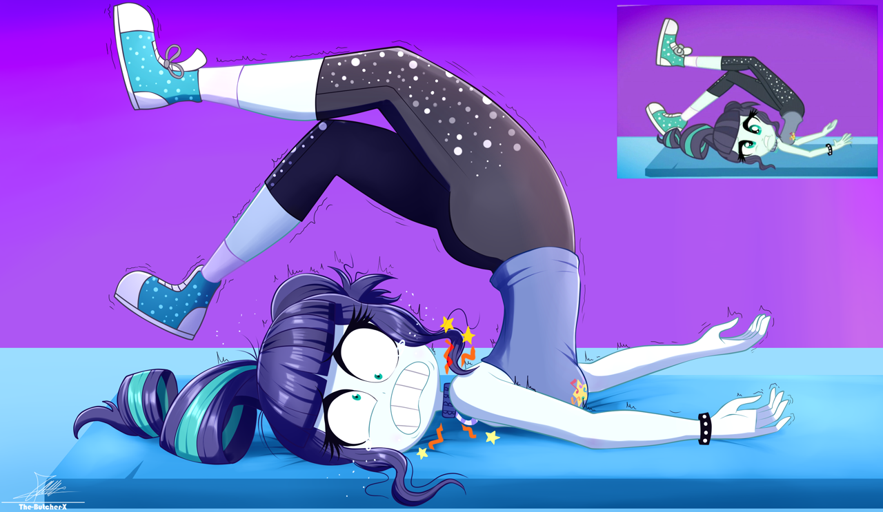 [artist:the-butch-x,breasts,clothes,equestria girls,human,ouch,pants,redraw,safe,screencap,shoes,teeth,gritted teeth,converse,yoga pants,sneakers,scene interpretation,strapless,sleeveless,coloratura,bare shoulders,epic fails (equestria girls),eqg summertime shorts,screencap reference]