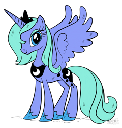 Size: 824x860 | Tagged: safe, artist:playtimerogerhargreavesandbonniezacherlefan68, princess luna, alicorn, pony, g4, clothes, colored, coloring page, crown, cute, eyeshadow, female, jewelry, luna's crown, lunabetes, makeup, mare, moon, regalia, s1 luna, shoes, simple background, smiling, solo, white background