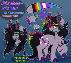 Size: 1626x1460 | Tagged: safe, artist:woofpoods, oc, oc:strobestress, demon, demon pony, pony, unicorn, arrow, bat wings, blood, blue background, blue eyes, chest fluff, closed mouth, color palette, colored hooves, colored tongue, colored wings, curved horn, cyan eyes, ear fluff, ear piercing, earring, fangs, female, fluffy, folded wings, forked tongue, gauges, glowing, glowstick, gradient background, green eyes, hoof polish, horn, jewelry, lidded eyes, looking at you, magic, mare, multicolored eyes, multicolored hair, nonbinary, photo, piercing, possessed, pronouns, purple eyes, rainbow hair, raised hoof, reference, reference sheet, sharp teeth, slit pupils, smiling, smiling at you, solo, sparkles, standing, teeth, text, tired, tongue out, unshorn fetlocks, wings, wings down
