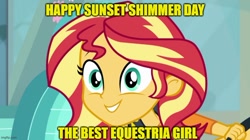 Size: 888x499 | Tagged: safe, artist:mlpfan3991, sunset shimmer, human, driving miss shimmer, driving miss shimmer: fluttershy, equestria girls, g4, my little pony equestria girls: better together, caption, cute, female, image macro, shimmerbetes, solo, sunset shimmer day, text