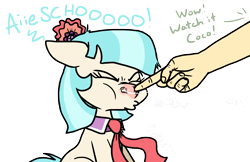 Size: 11820x7648 | Tagged: safe, artist:graymist, coco pommel, g4, absurd resolution, boop, collar, eyes closed, female, flower, flower in hair, gross, hand, humor, mare, messy, necktie, noseboop, nostril flare, nostrils, red nosed, sick, simple background, sneeze cloud, sneezing, snot, snout, spray, talking, transparent background