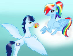 Size: 750x575 | Tagged: safe, artist:spectrumrdg, rainbow dash, soarin', pegasus, pony, g4, bouquet, bouquet of flowers, butt, cloud, female, flower, male, mare, mouth hold, plot, ponytail, ship:soarindash, shipping, stallion, straight