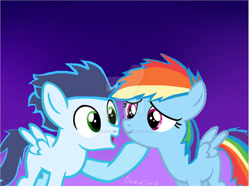 Size: 750x571 | Tagged: safe, artist:dashiecloud, rainbow dash, soarin', pegasus, pony, g4, colt, colt soarin', duo, duo male and female, female, filly, filly rainbow dash, foal, male, obtrusive watermark, ship:soarindash, shipping, straight, watermark, younger