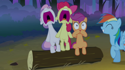 Size: 1280x720 | Tagged: safe, screencap, apple bloom, rainbow dash, scootaloo, sweetie belle, earth pony, pegasus, pony, unicorn, g4, sleepless in ponyville, bipedal, cutie mark crusaders, eyes closed, female, filly, foal, happy, log, mare, mawshot, nose in the air, one of these things is not like the others, open mouth, outdoors, scared, screaming, sitting, standing, teeth, throat, uvula, volumetric mouth