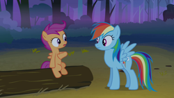 Size: 1280x720 | Tagged: safe, screencap, rainbow dash, scootaloo, pegasus, pony, g4, sleepless in ponyville, female, filly, foal, looking at each other, looking at someone, mare, outdoors, sitting, standing