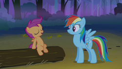 Size: 1280x720 | Tagged: safe, screencap, rainbow dash, scootaloo, pegasus, pony, g4, sleepless in ponyville, eyes closed, female, filly, foal, looking at someone, mare, outdoors, sitting, smiling, standing