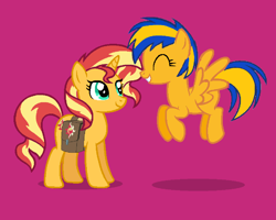 Size: 1250x1000 | Tagged: safe, artist:mlpfan3991, sunset shimmer, oc, oc:flare spark, pegasus, pony, unicorn, g4, bag, eyes closed, happy, jumping, saddle bag, smiling