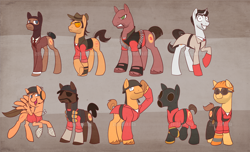 Size: 6600x4000 | Tagged: safe, artist:zeffdakilla, earth pony, pegasus, pony, unicorn, angry, clothes, coat, demoman, demoman (tf2), engineer, engineer (tf2), flying, grin, hat, heavy (tf2), insanity, looking at you, looking sideways, mask, medic, medic (tf2), ponified, pyro (tf2), raised hoof, raised leg, salute, scout (tf2), shirt, simple background, smiling, sniper, sniper (tf2), soldier, soldier (tf2), spread wings, spy, spy (tf2), standing, suit, team fortress 2, wings