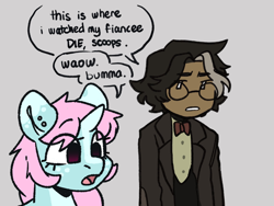 Size: 2048x1536 | Tagged: safe, artist:spoopygander, artist:taffybuns, oc, oc:scoops, human, pony, adventure time, australia, bowtie, button-up shirt, clothes, countershading, cute, dress shirt, duo, female, glasses, human and pony, mare, meme, shirt, simon petrikov, suit, suit jacket, vest, waistcoat