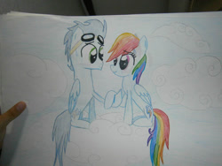 Size: 749x562 | Tagged: safe, artist:leenymesk, rainbow dash, soarin', pegasus, pony, g4, female, male, mare, marriage proposal, ship:soarindash, shipping, stallion, straight, traditional art