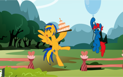 Size: 1098x691 | Tagged: safe, artist:ry-bluepony1, oc, oc:flare spark, oc:train track, pegasus, pony, unicorn, g4, cake, female, food, happy birthday, male