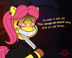 Size: 1604x1280 | Tagged: safe, artist:isaac_pony, posey bloom, earth pony, pony, g5, my little pony: tell your tale, assassin, box, dialogue, evil, evil grin, female, grin, insanity, knife, logo, mare, murderer, now you fucked up, piercing, pony racism, posey blood, posey will have her revenge, racism, red eyes, revenge, sadist, sanity slippage, show accurate, slasher smile, smiling, solo, tell your tale accurate, this will end in death, this will end in tears, this will end in tears and/or death