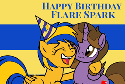 Size: 600x402 | Tagged: safe, artist:noi kincade, oc, oc only, oc:flare spark, oc:princess kincade, pegasus, pony, g4, birthday, eyes closed, female, female oc, happy birthday, hat, hoof around neck, hug, mare, mare oc, party hat, pegasus oc, pony oc, yellow coat