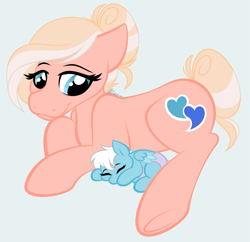 Size: 2301x2229 | Tagged: safe, artist:feather_bloom, oc, oc:feather bloom(fb), oc:feather_bloom, oc:peach waterblossom(fb), earth pony, pegasus, pony, baby, baby pony, foal, hair bun, high res, nanny, simple background, sleeping, tail, tail bun, wholesome