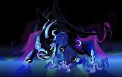 Size: 7415x4694 | Tagged: safe, artist:falkoshut, nightmare moon, princess luna, alicorn, pony, g4, abstract background, duality, duo, evil smile, female, grin, height difference, mare, sharp teeth, size difference, smiling, teeth