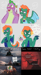 Size: 1920x3445 | Tagged: safe, artist:mythical artist, spike, oc, oc:emziko, dragon, g4, 2022, adult, adult spike, canon x oc, dragoness, emanata, female, floating heart, grin, heart, jewelry, male, meme, necklace, older, older spike, open mouth, pictogram, plewds, shipping, smiling, speech bubble, spiko, straight, thor: ragnarok
