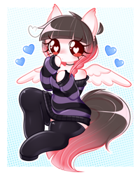 Size: 1408x1756 | Tagged: safe, artist:arwencuack, oc, oc:arwencuack, pegasus, anthro, abstract background, arm hooves, choker, clothes, heart, heart eyes, off shoulder, off shoulder sweater, passepartout, shoulderless, simple background, solo, sweater, wingding eyes, wings, zettai ryouiki