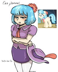 Size: 758x953 | Tagged: safe, artist:mariokirbyandddlcfan, screencap, coco pommel, human, g4, crossed arms, female, hat, humanized, screencap reference, signature, simple background, solo, sweat, sweatdrop, white background