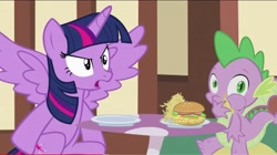 Size: 1080x604 | Tagged: safe, artist:toucanldm, spike, twilight sparkle, alicorn, dragon, pony, g4, burger, female, food, french fries, hay burger, hay fries, kim possible meets my little pony, mare, mushroom table, offended, scoff, spread wings, twilight sparkle (alicorn), winged spike, wings
