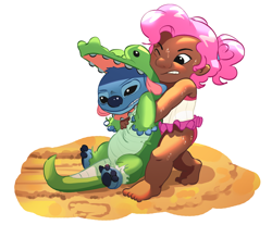 Size: 2342x1938 | Tagged: safe, artist:applephil, gummy, pinkie pie, human, g4, animal costume, clothes, cosplay, costume, crossover, dragging, duo, duo male and female, female, gritted teeth, high res, lilo and stitch, lilo pelekai, male, moderate dark skin, one eye closed, sand, simple background, stitch, sweat, teeth, white background