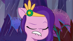 Size: 3072x1727 | Tagged: safe, screencap, pipp petals, pegasus, pony, attack of the bunnisus, g5, my little pony: tell your tale, spoiler:g5, spoiler:my little pony: tell your tale, spoiler:tyts01e61, eyebrows, eyes closed, female, lip bite, mare, rain, raised eyebrow, solo, wet, wet mane