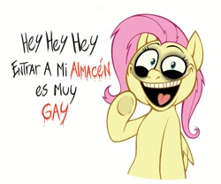 Size: 956x796 | Tagged: safe, artist:lazy-ale, fluttershy, pegasus, pony, .mov, shed.mov, dialogue, female, fluttershed, looking at you, mare, open mouth, open smile, simple background, smiling, smiling at you, solo, spanish, underhoof, white background