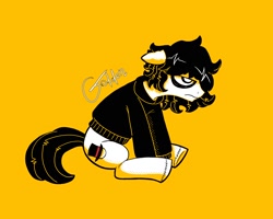 Size: 2000x1600 | Tagged: safe, artist:goldensuculents, earth pony, pony, clothes, fanart, hat, hoodie, masterlasheron, messy mane, monochrome, simple background, sitting, solo, top hat, yellow background, youtuber