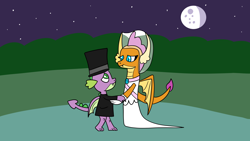 Size: 1920x1080 | Tagged: safe, artist:platinumdrop, smolder, spike, g4, clothes, dress, female, hat, male, marriage, moon, night, request, ship:spolder, shipping, stars, straight, top hat, tuxedo, waltz, wedding, wedding dress, wedding veil