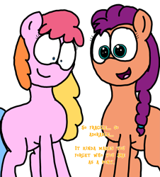 Size: 3023x3351 | Tagged: safe, artist:professorventurer, sunny starscout, toola-roola, earth pony, pony, series:ask pippamena, g3, g5, braid, braided ponytail, cute, dialogue, dilated pupils, duo, duo female, eye shimmer, female, g3 to g5, generation leap, hair tie, high res, low angle, mare, ponytail, simple background, smiling, sunnybetes, talking, white background