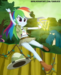 Size: 1329x1623 | Tagged: safe, artist:charliexe, rainbow dash, human, lizard, equestria girls, g4, leaping off the page, my little pony equestria girls: summertime shorts, belly button, belt, boots, clothes, explorer, explorer outfit, female, hat, jungle, legs, midriff, pith helmet, schrödinger's pantsu, shirt, shoes, skirt, smiling, swinging, the legend of zelda, thighs, tree, triforce, wwe