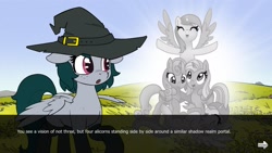 Size: 1920x1080 | Tagged: safe, artist:quotepony, pegasus, pony, alicorns, dialogue, hat, marequest, marequest:ait, witch hat