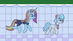 Size: 1920x1080 | Tagged: safe, artist:platinumdrop, coco pommel, sassy saddles, g4, holding breath, puffy cheeks, request, swimming pool, underwater, water