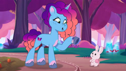 Size: 3072x1727 | Tagged: safe, screencap, misty brightdawn, bunnisus, pony, rabbit, unicorn, attack of the bunnisus, g5, my little pony: tell your tale, spoiler:g5, spoiler:my little pony: tell your tale, spoiler:tyts01e61, :o, animal, duo, female, frown, mare, open mouth, rebirth misty, sweat, sweatdrop