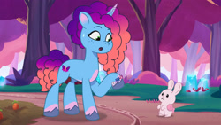 Size: 3072x1727 | Tagged: safe, screencap, misty brightdawn, bunnisus, pony, rabbit, unicorn, attack of the bunnisus, g5, my little pony: tell your tale, spoiler:g5, spoiler:my little pony: tell your tale, spoiler:tyts01e61, :o, animal, duo, female, frown, mare, open mouth, rebirth misty, sweat, sweatdrop