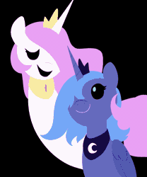 Size: 1000x1200 | Tagged: safe, artist:askloona, princess celestia, princess luna, alicorn, pony, loony luna, g4, animated, black background, black sclera, duo, flowing mane, looking at each other, looking at someone, pink-mane celestia, s1 luna, simple background, smiling