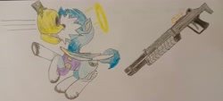 Size: 4608x2076 | Tagged: safe, artist:radiant windstar, oc, oc:radiant windstar, alicorn, angel, pony, alicorn oc, five nights at freddy's, fnaf 2, golden freddy, gun, halo, horn, shotgun, traditional art, weapon, wings