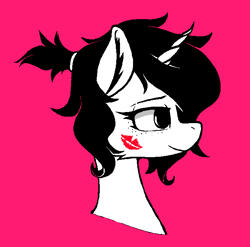 Size: 654x646 | Tagged: safe, artist:chrysopoeia, artist:pinkberry, oc, oc only, oc:mae (pinkberry), pony, unicorn, bust, collaboration, freckles, kiss mark, lipstick, pink background, red background, simple background, solo