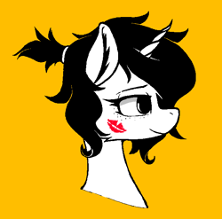 Size: 654x646 | Tagged: safe, artist:chrysopoeia, artist:pinkberry, oc, oc only, oc:mae (pinkberry), pony, unicorn, bust, collaboration, freckles, kiss mark, lipstick, simple background, solo, yellow background