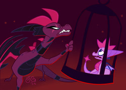 Size: 2048x1459 | Tagged: safe, artist:janegumball, tempest shadow, twilight sparkle, dragon, g4, my little pony: the movie, broken horn, broken wing, cage, crossover, dragoness, dragonified, duo, female, horn, open up your eyes, scar, scene interpretation, sharp teeth, size difference, species swap, spyro the dragon (series), teeth, the legend of spyro, twilidragon, wings